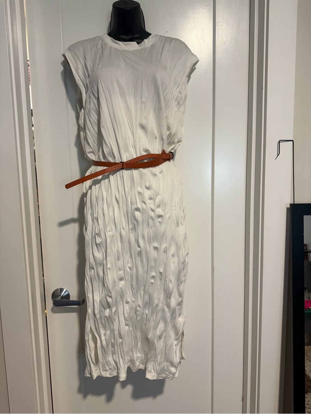 Zara Elegant White Sleeveless Midi Dress with Brown Belt